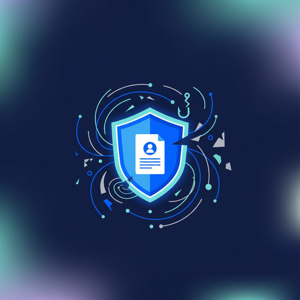 Ilustração abstrata de um escudo protegendo um documento de perfil, com elementos digitais ao redor, simbolizando proteção de dados em processos de busca de emprego.