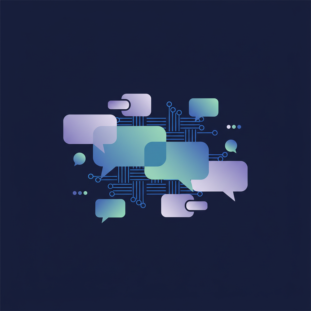 Ilustração abstrata com elementos de comunicação digital, como balões de fala, janelas de videochamada e linhas de rede interconectadas, em tons de azul, verde e roxo, sugerindo conexão e clareza no trabalho remoto.