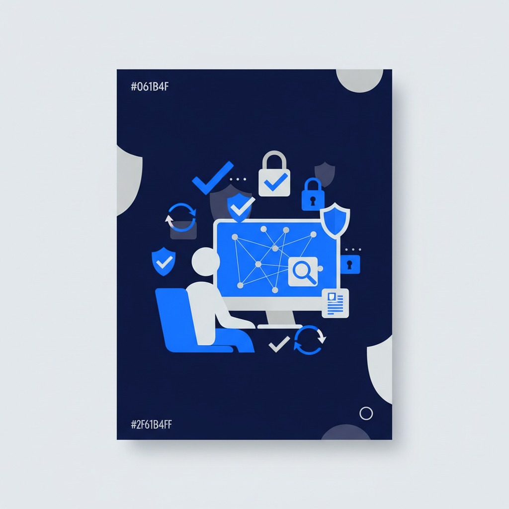 Ilustração abstrata de uma pessoa em frente a um computador, com elementos gráficos que representam segurança e verificação de dados.