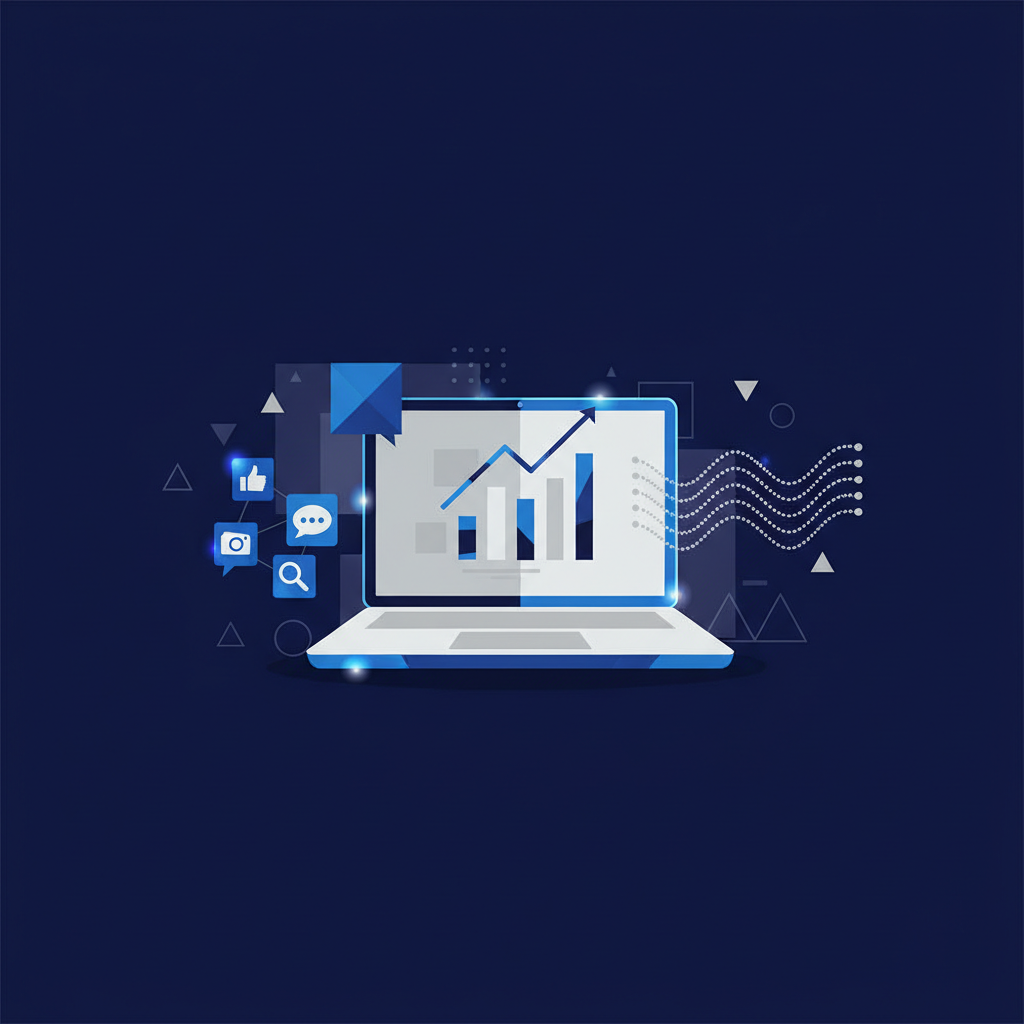 Ilustração abstrata de uma pessoa trabalhando remotamente com elementos que remetem a marketing digital, como gráficos, ícones de redes sociais e um computador.