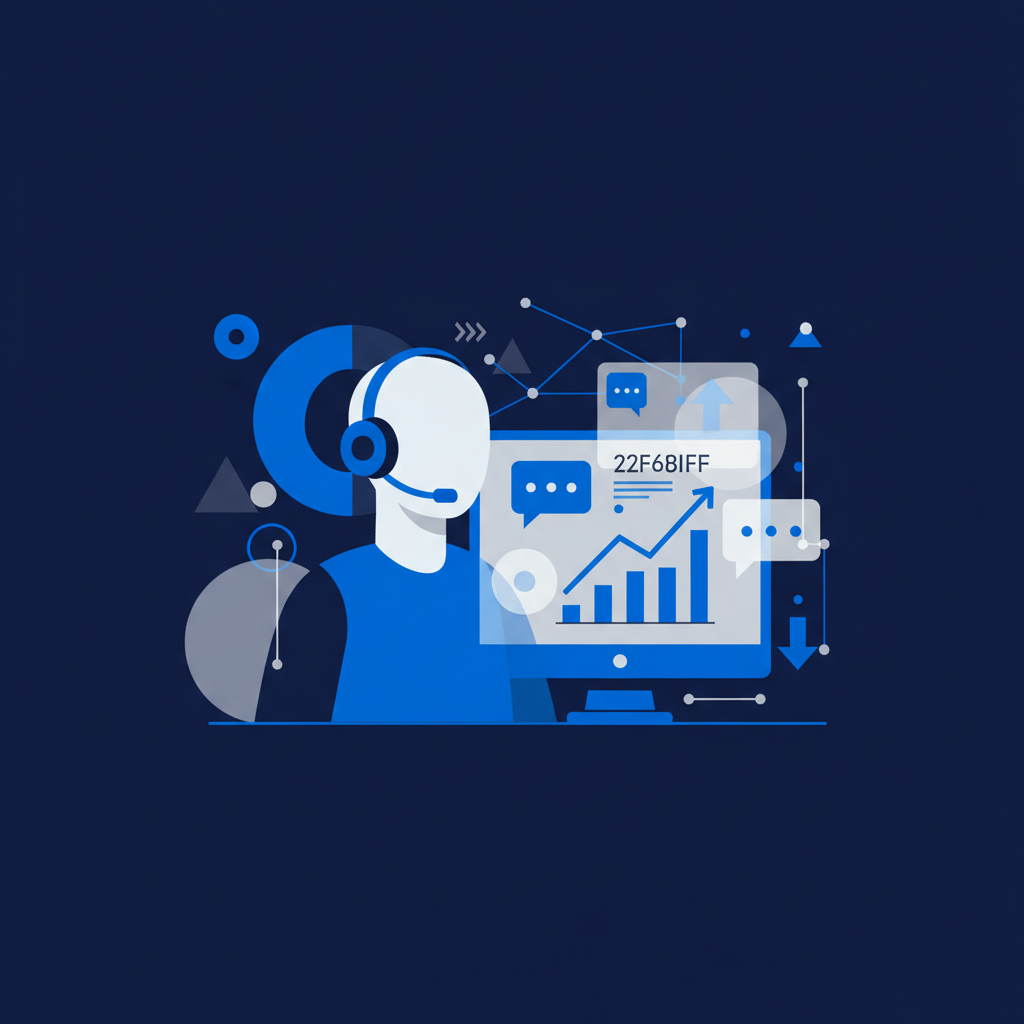 Uma pessoa usando um headset em frente a um computador, com gráficos de vendas e símbolos de comunicação ao fundo, representando o trabalho de SDR remoto.