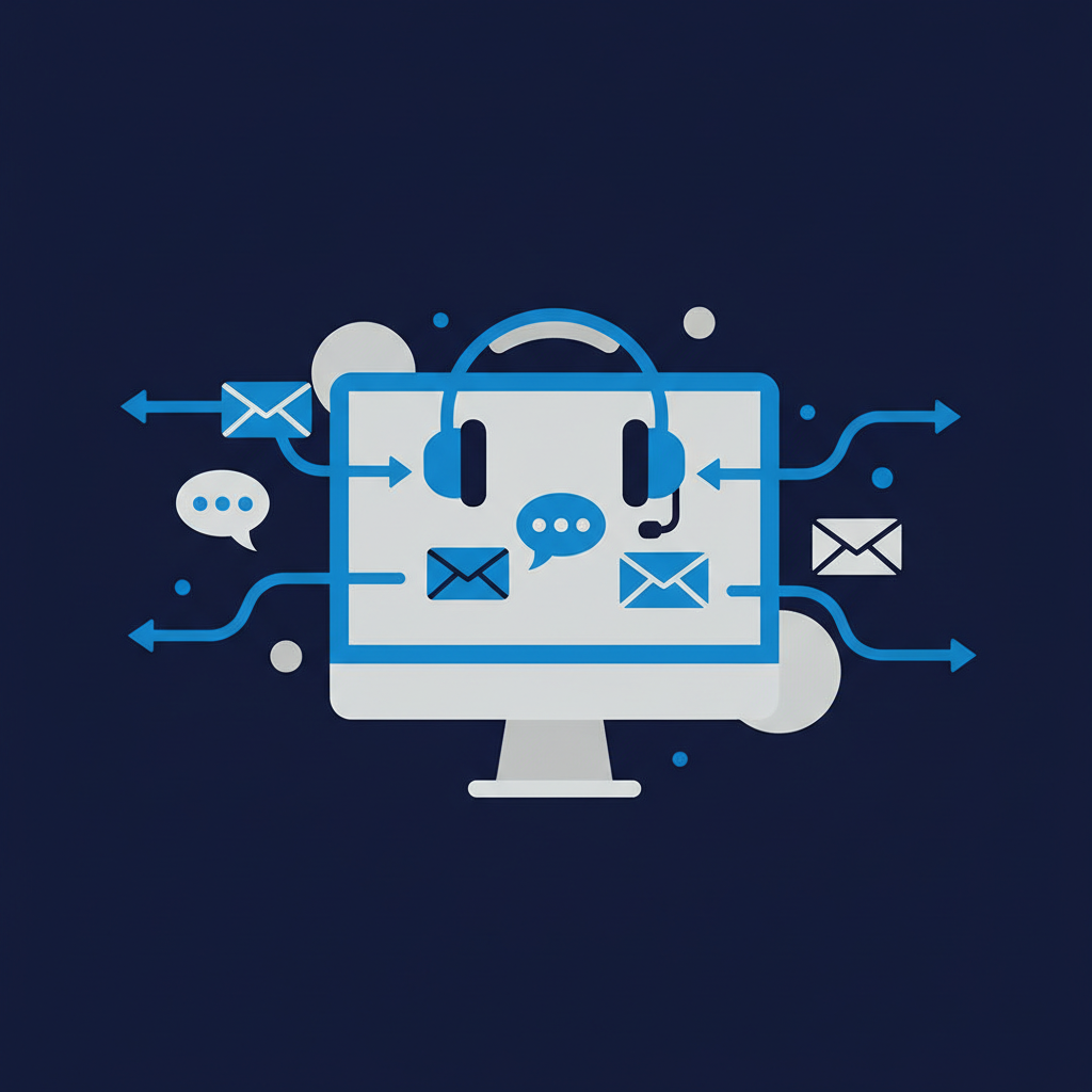 Uma ilustração abstrata de um computador com fones de ouvido, símbolos de comunicação e setas apontando para fora da tela, indicando trabalho remoto e conexão.