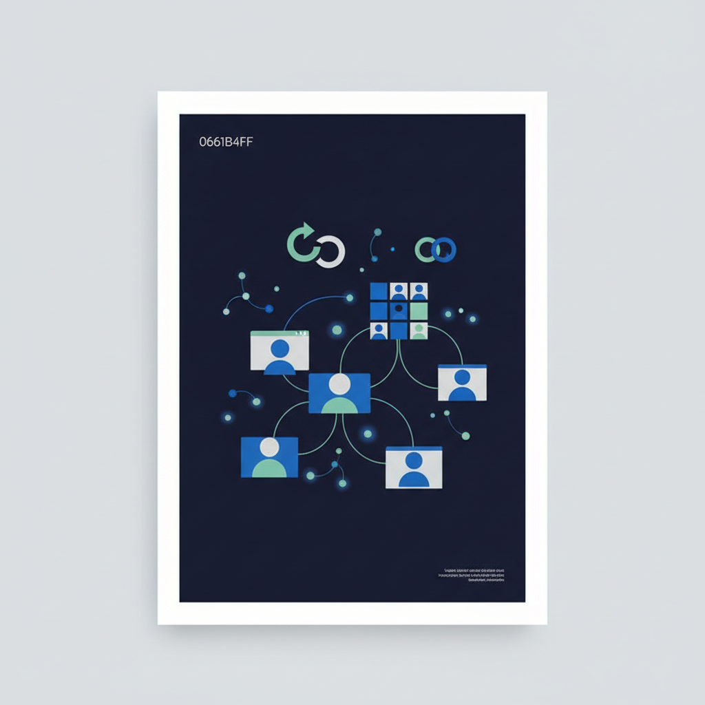 Uma ilustração que combina elementos de gestão de pessoas e trabalho remoto, com ícones de comunicação digital, pessoas colaborando de telas diferentes e uma folha de pagamento estilizada.