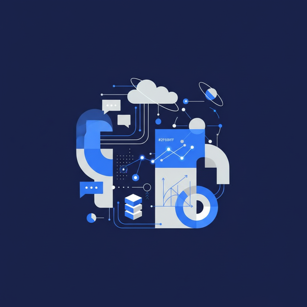 Ilustração digital abstrata com elementos que representam comunicação, análise de dados e relacionamento interpessoal em um ambiente de trabalho remoto.