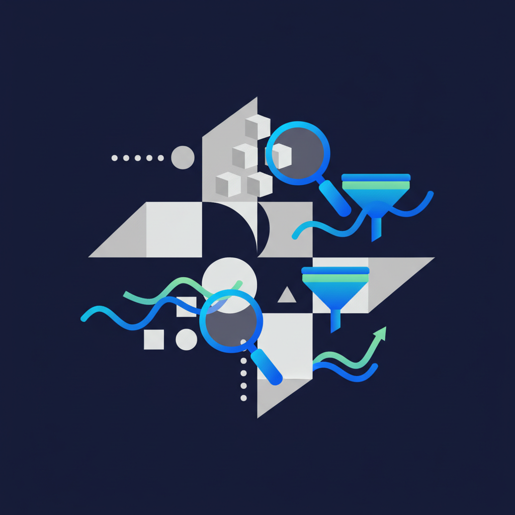 Ilustração abstrata com elementos que remetem a filtros, lentes de aumento e gráficos de comparação em tons de azul e verde, simbolizando busca e análise de dados.