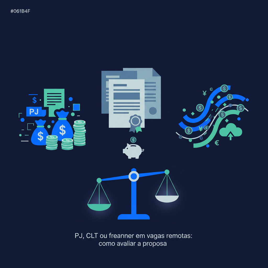 Ilustração abstrata com elementos gráficos que representam diferentes tipos de contratos e finanças, como ícones de dinheiro, documentos e balanças, em tons de azul e verde.