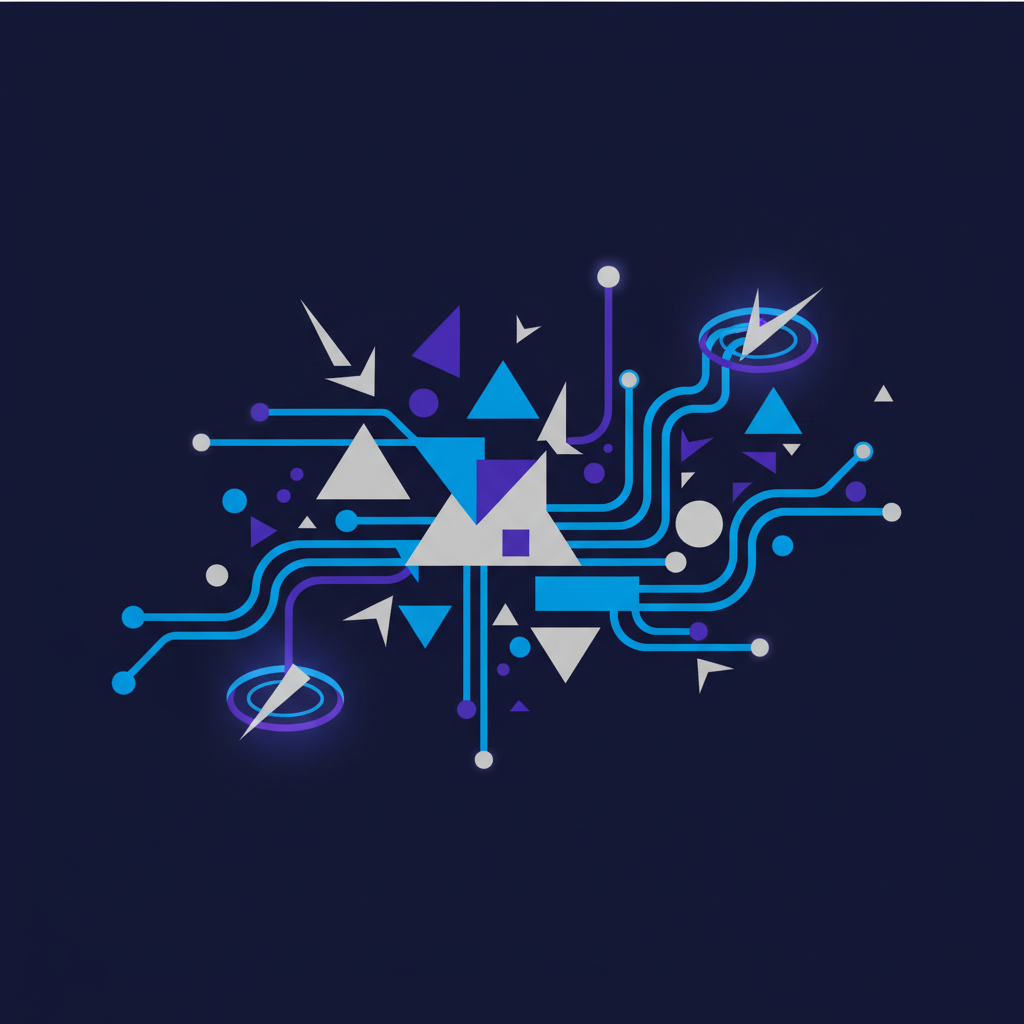 Ilustração abstrata com figuras geométricas interconectadas em tons de azul e roxo, simbolizando segurança e detecção de riscos no ambiente digital.