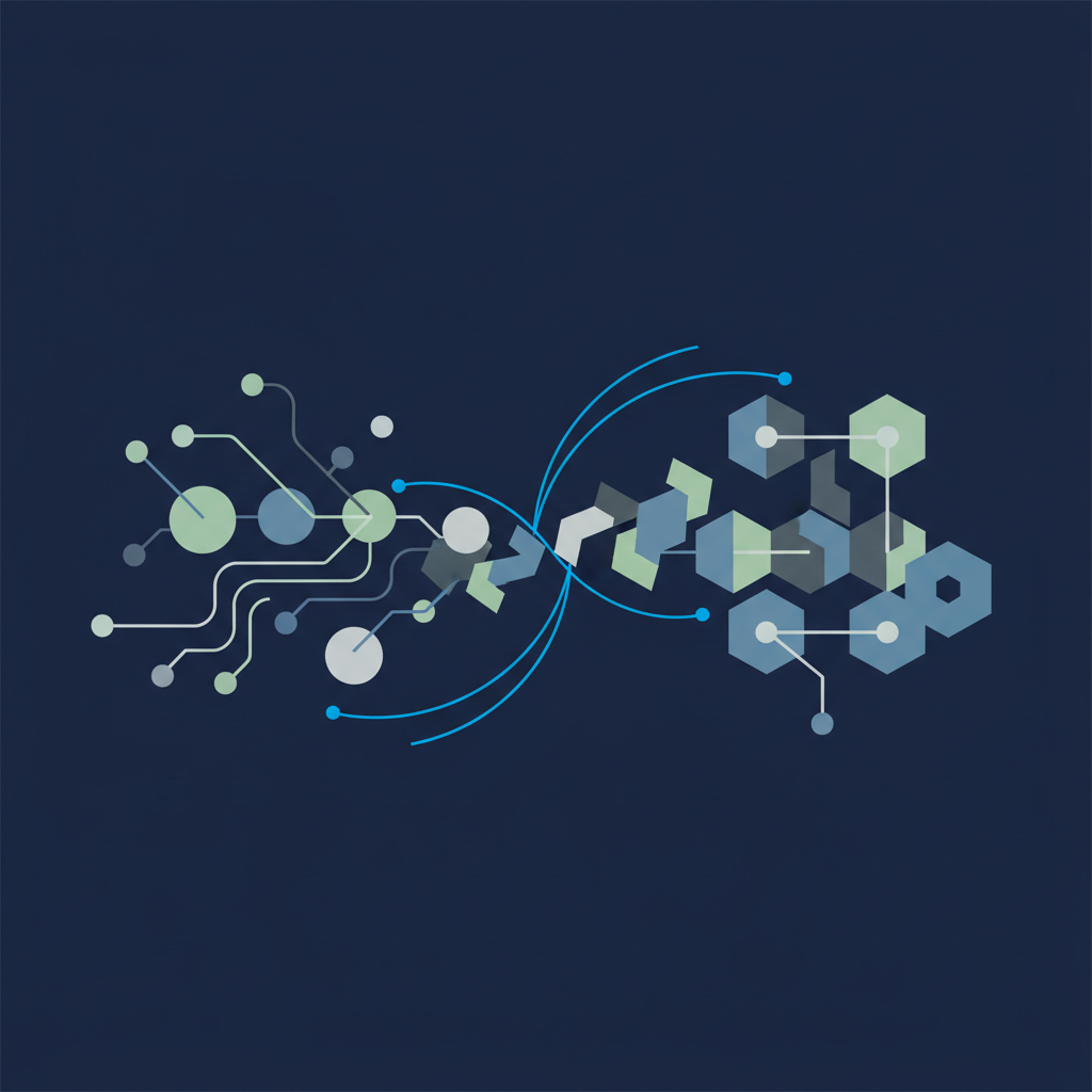Ilustração abstrata com elementos visuais que representam flexibilidade e conexão, com linhas e formas dinâmicas em tons suaves e cores neutras.
