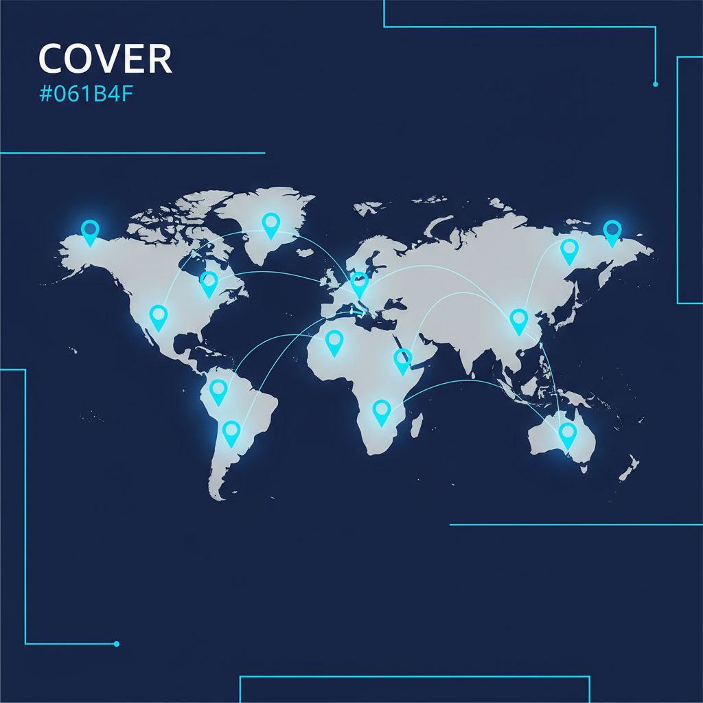 Um mapa-múndi estilizado com pinos luminosos indicando diferentes países, simbolizando a conexão global do trabalho remoto. Não há pessoas ou textos.