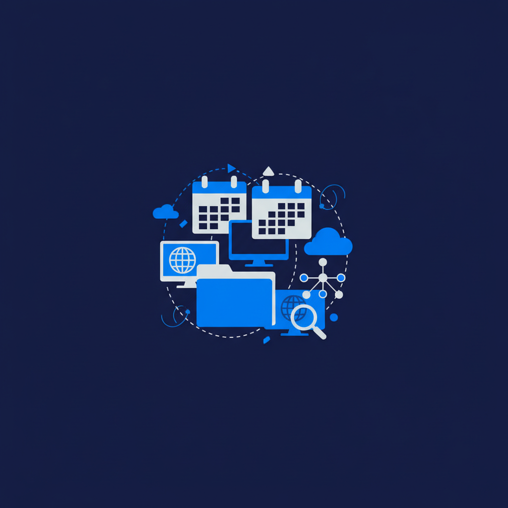 Ilustração abstrata de uma pessoa organizando ícones de computador e calendário em uma tela, com elementos de nuvem e internet ao redor.