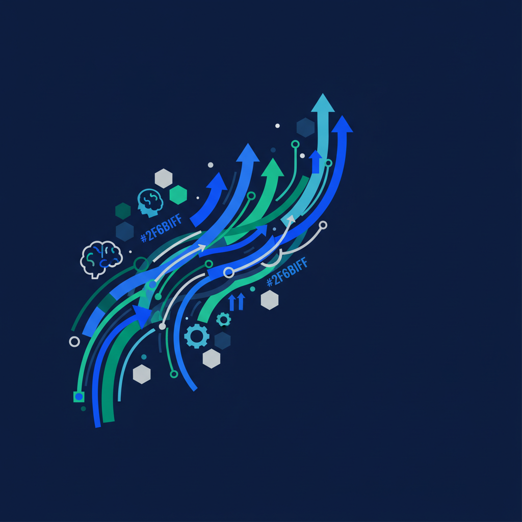 Ilustração abstrata com elementos de crescimento, aprendizado e caminhos, em tons de azul e verde.