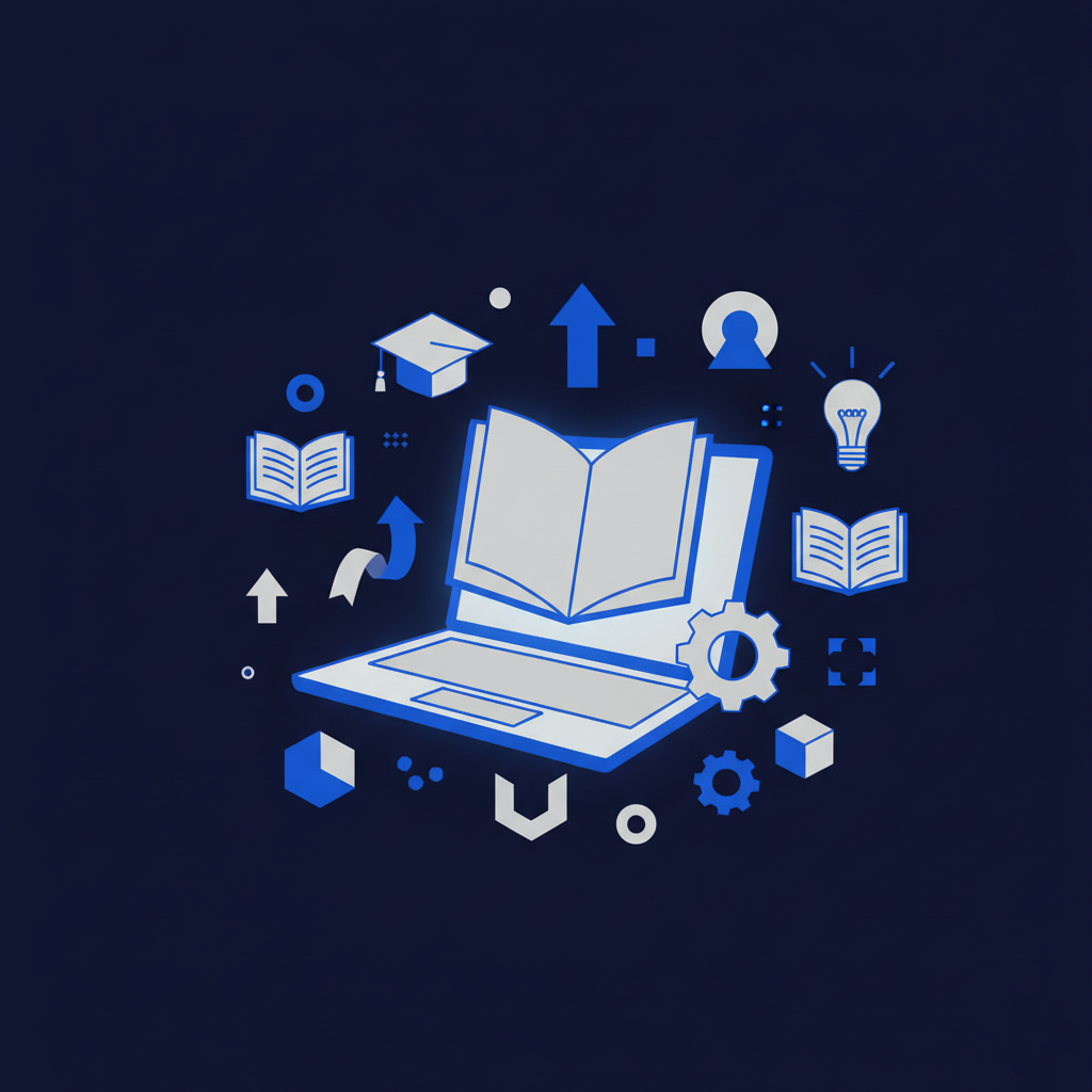 Uma pessoa usando um notebook com diversos ícones de aprendizado e livros flutuando ao redor, representando uma biblioteca de cursos digitais.