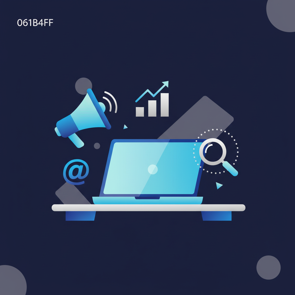 Uma pessoa sentada à frente de um notebook, com vários ícones de ferramentas de marketing digital flutuando ao redor, como um megafone, um gráfico de barras e um símbolo de @. O ambiente sugere um home office.