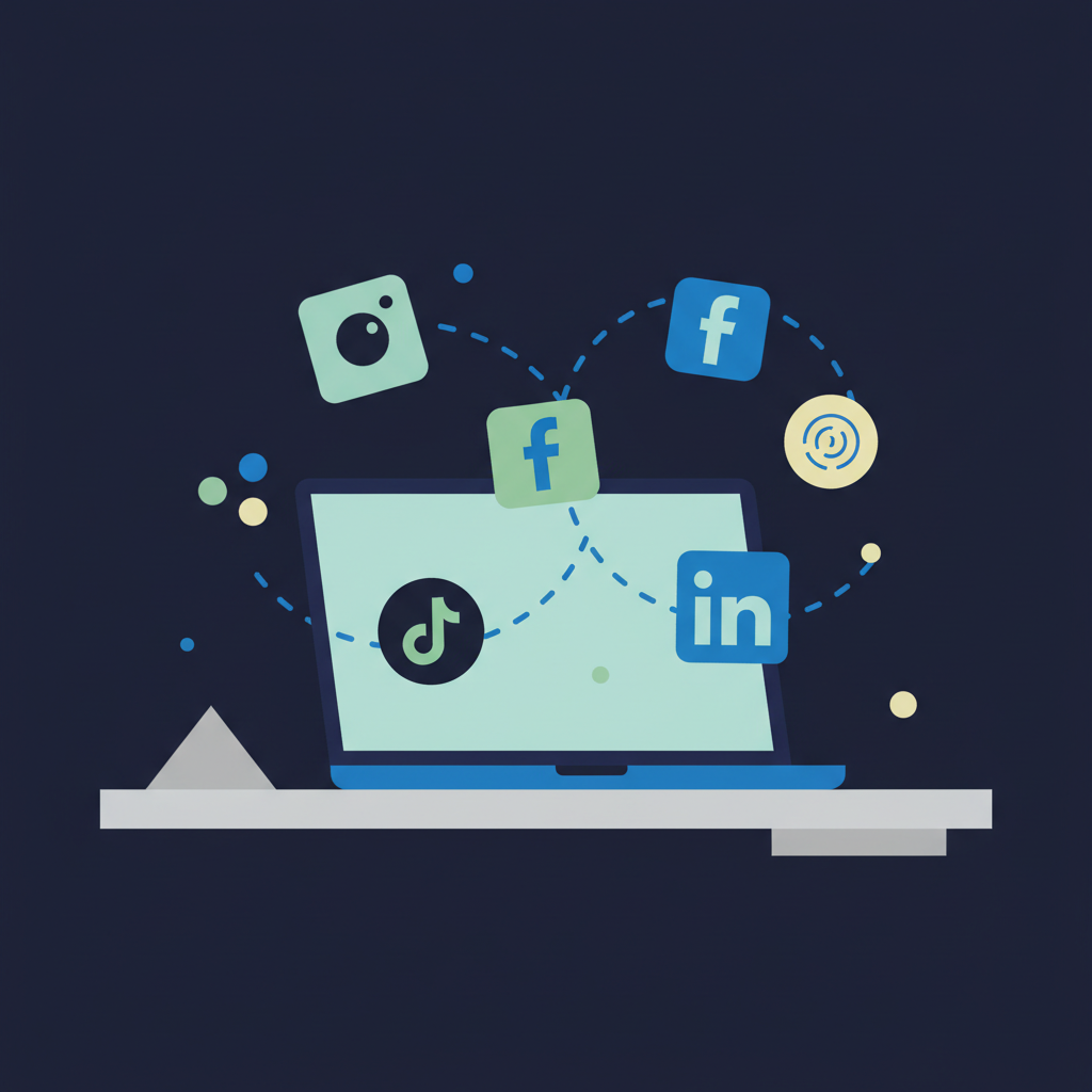 Ilustração abstrata de uma pessoa estudando em um notebook com ícones de redes sociais flutuando ao redor, representando o aprendizado de social media e o trabalho remoto.