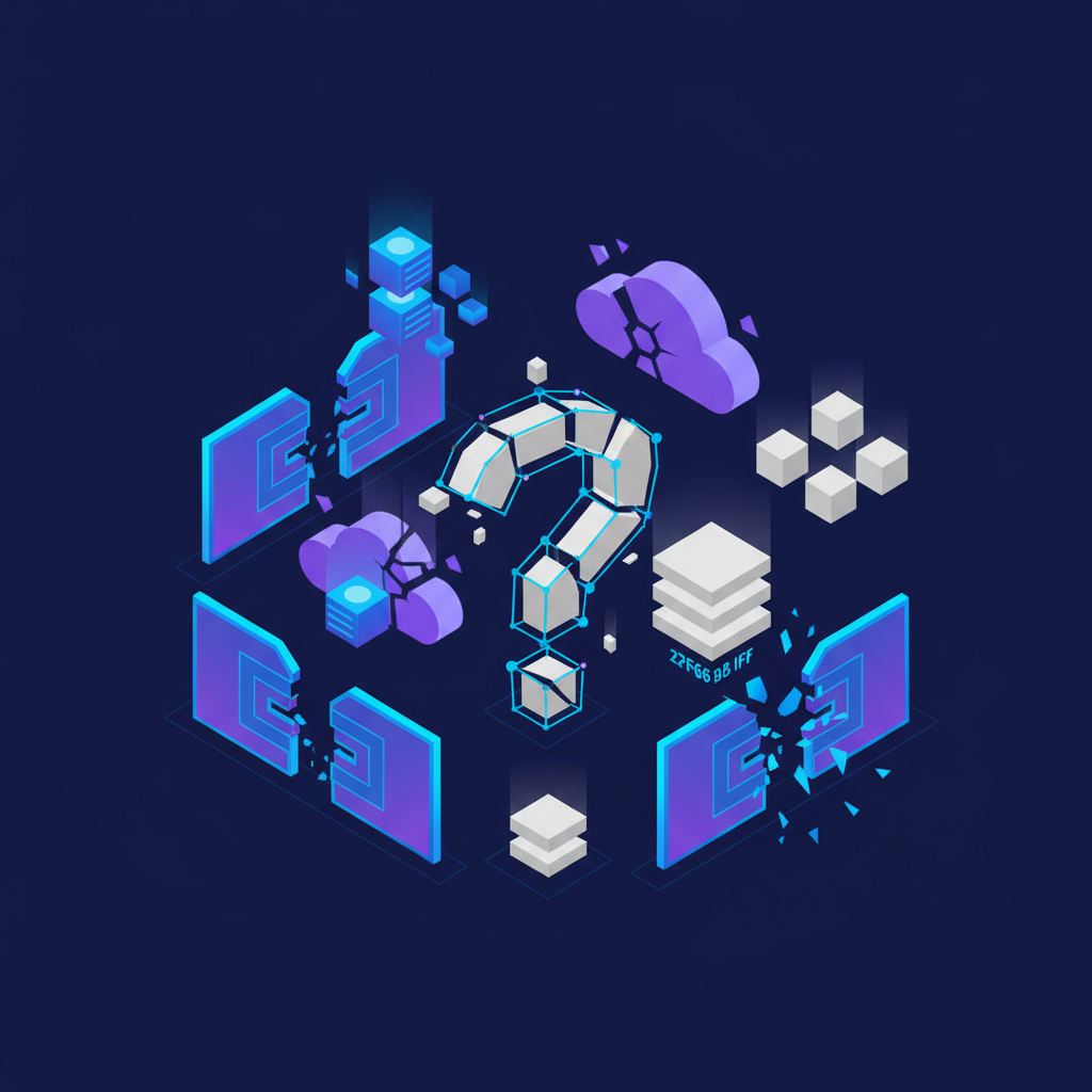 Ilustração abstrata com elementos que remetem a arquivos digitais e barreiras de segurança, em tons de azul e roxo, com um ponto de interrogação no centro.
