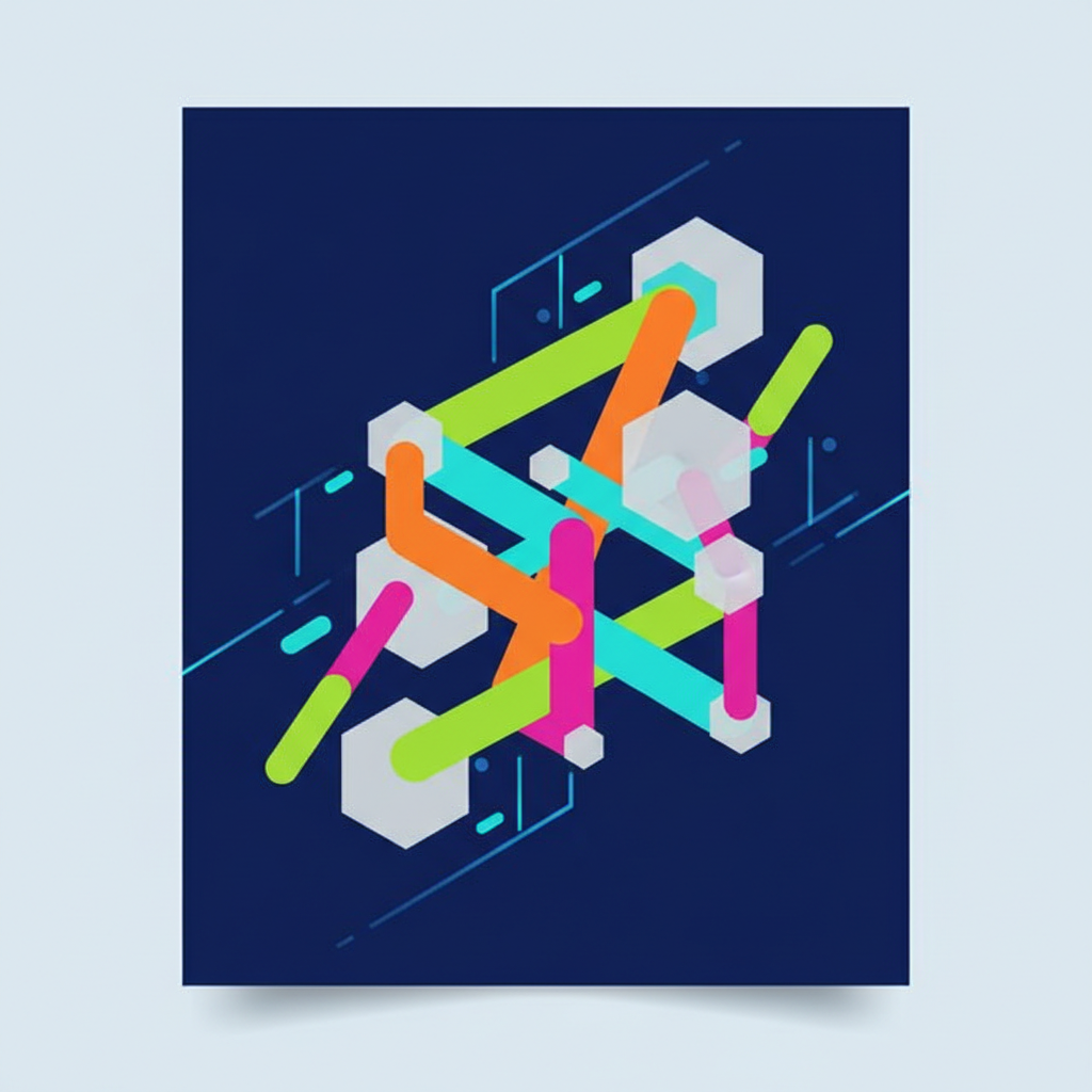 Ilustração abstrata com figuras geométricas coloridas que se conectam, simbolizando a partilha de conhecimento e recursos.