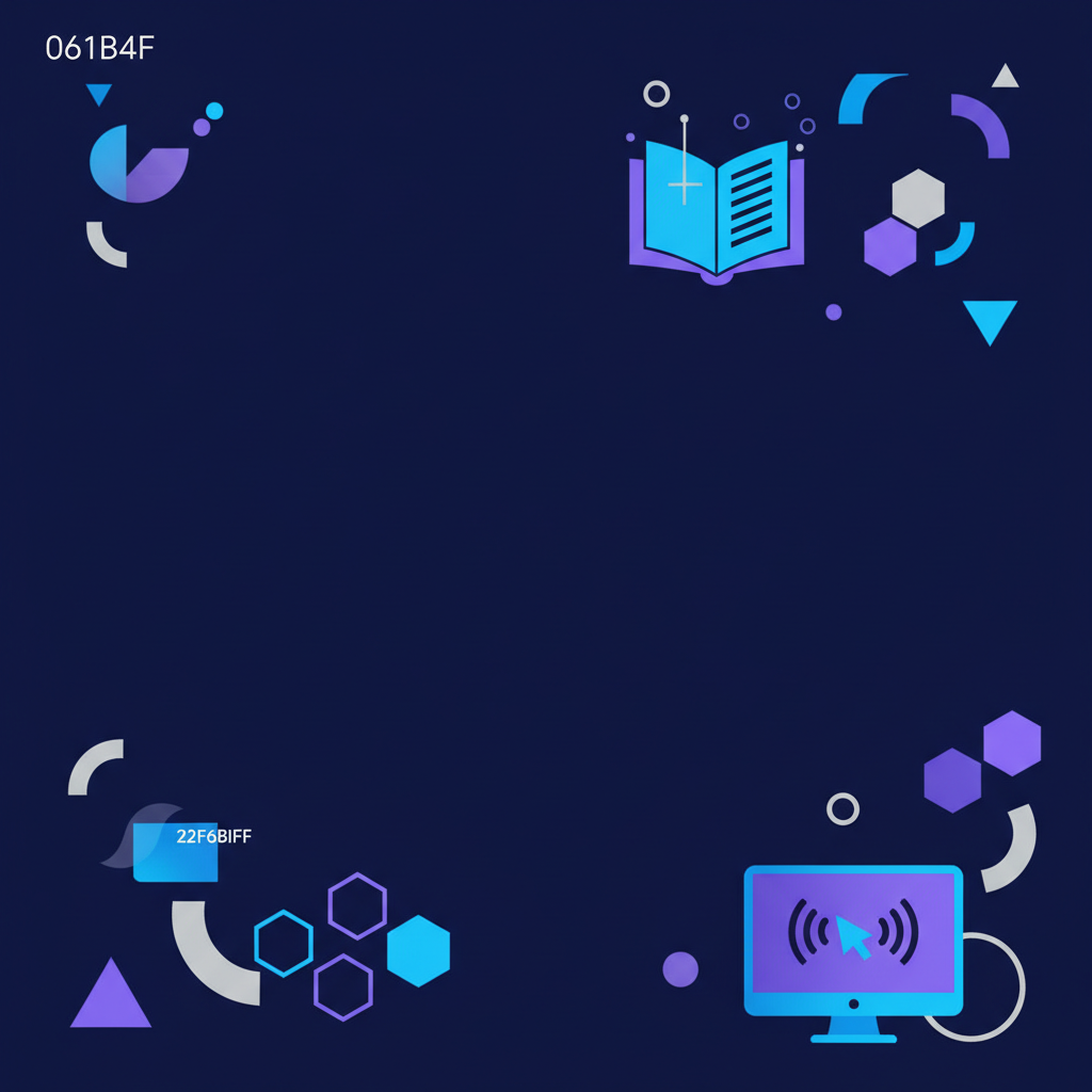 Ilustração abstrata com elementos que remetem a estudos online, como ícones de livro e monitor em tons de azul e roxo, focando em aprendizado e tecnologia.