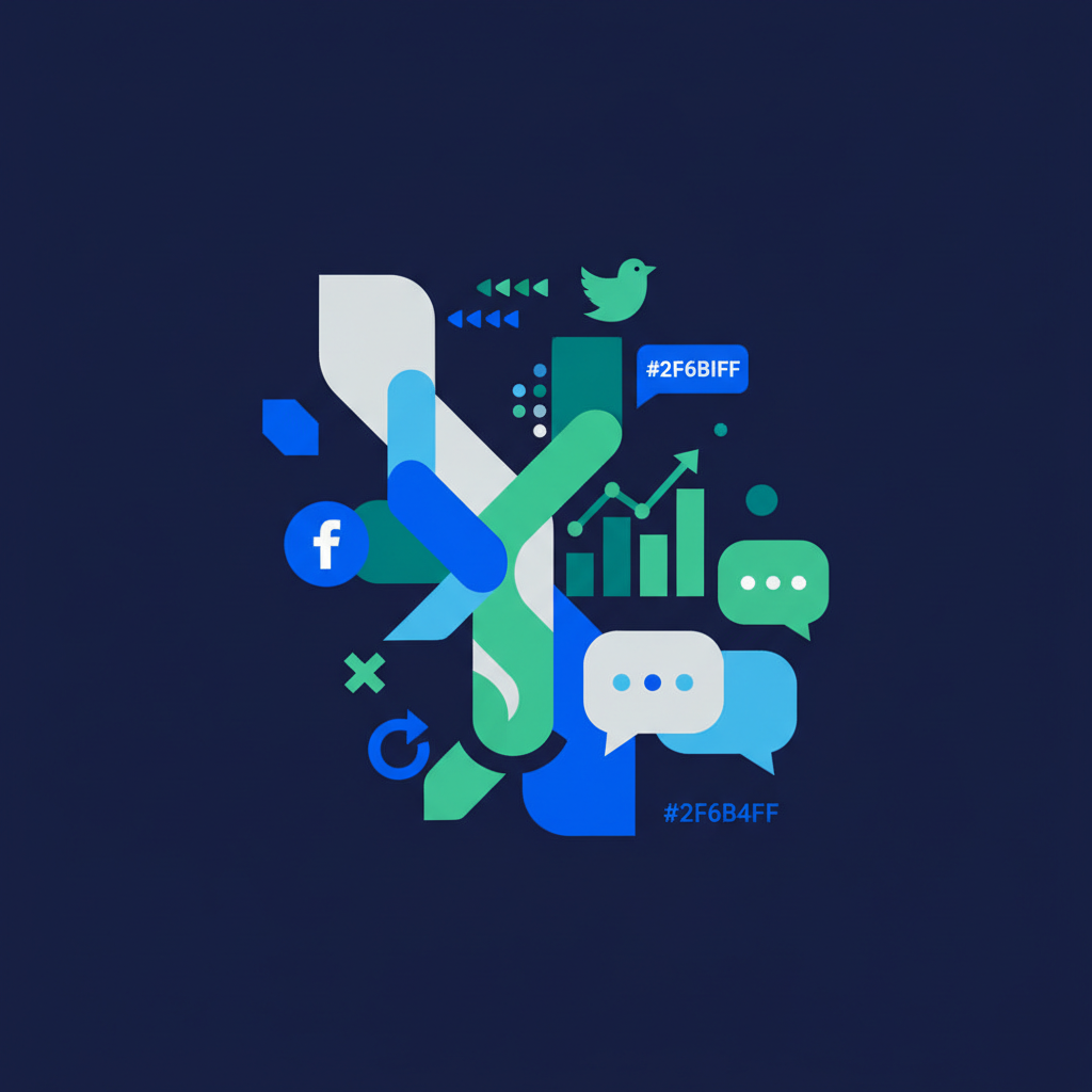 Ilustração abstrata com elementos gráficos que remetem a redes sociais, gráficos de dados e comunicação, em tons de azul e verde, representando o universo do marketing digital.