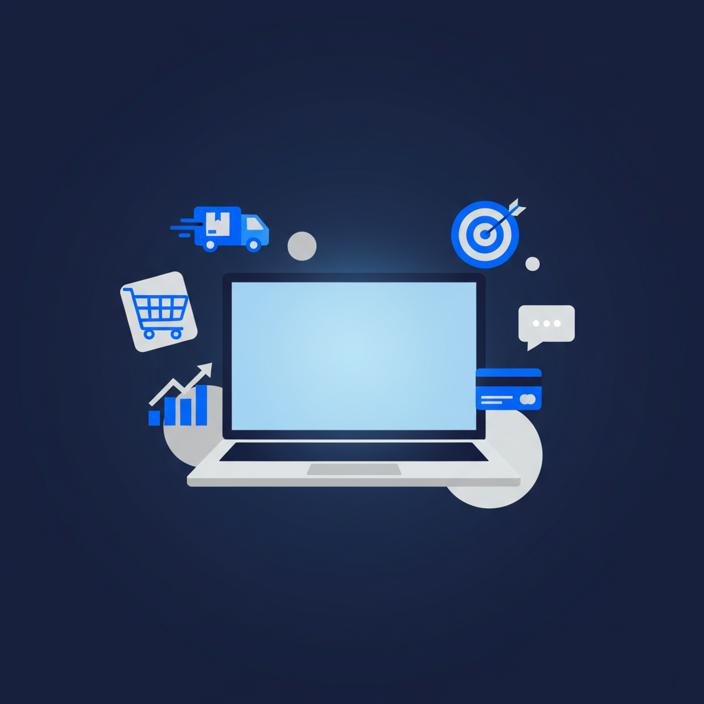 Uma pessoa trabalhando em frente a um computador com ícones de compras online e logística flutuando ao redor