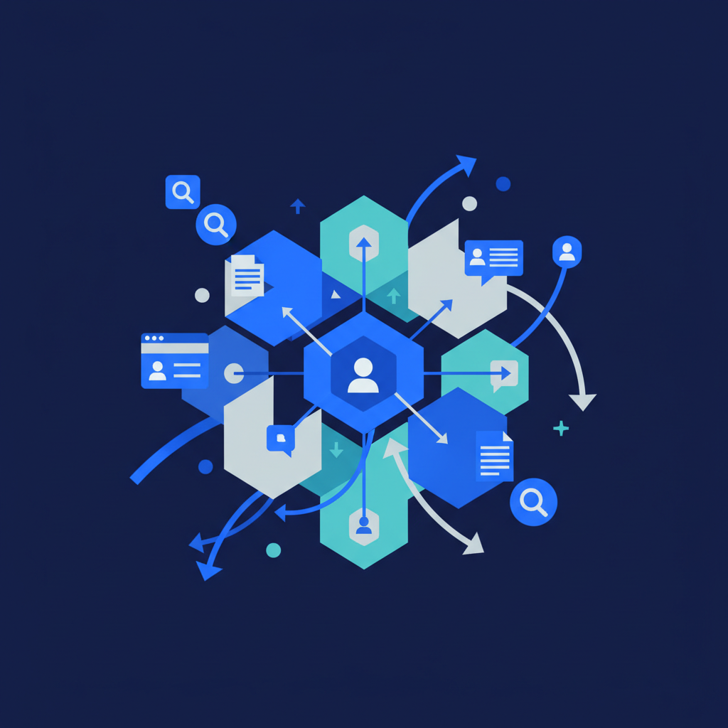 Uma colagem abstrata com elementos gráficos de design, como formas geométricas coloridas, ícones de interface de usuário simplificados e linhas de conexão.