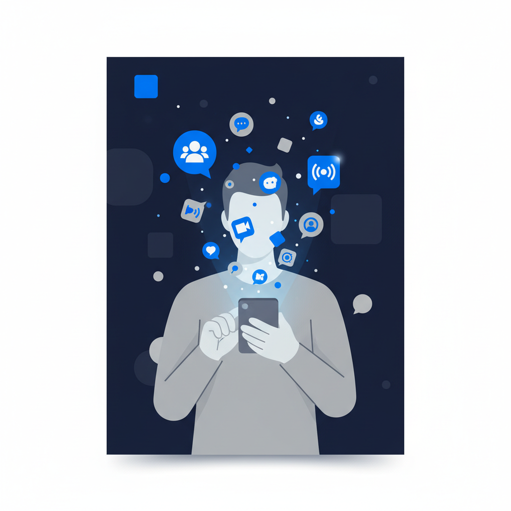 Uma pessoa usando um smartphone em um ambiente de trabalho remoto, com ícones de redes sociais e grupos de mensagens flutuando ao redor.