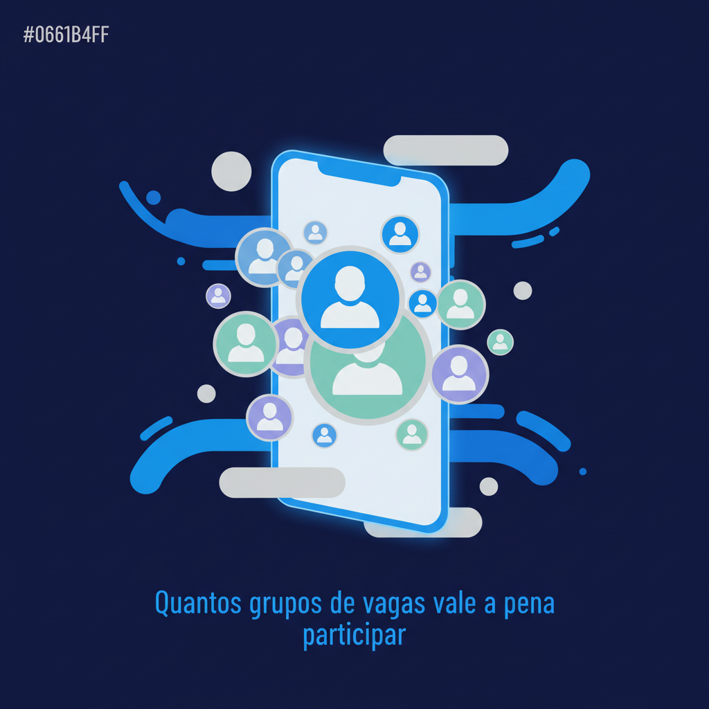 Ilustração de uma pessoa olhando para um celular com vários ícones de grupos de mensagens em uma tela, simbolizando a busca de vagas.