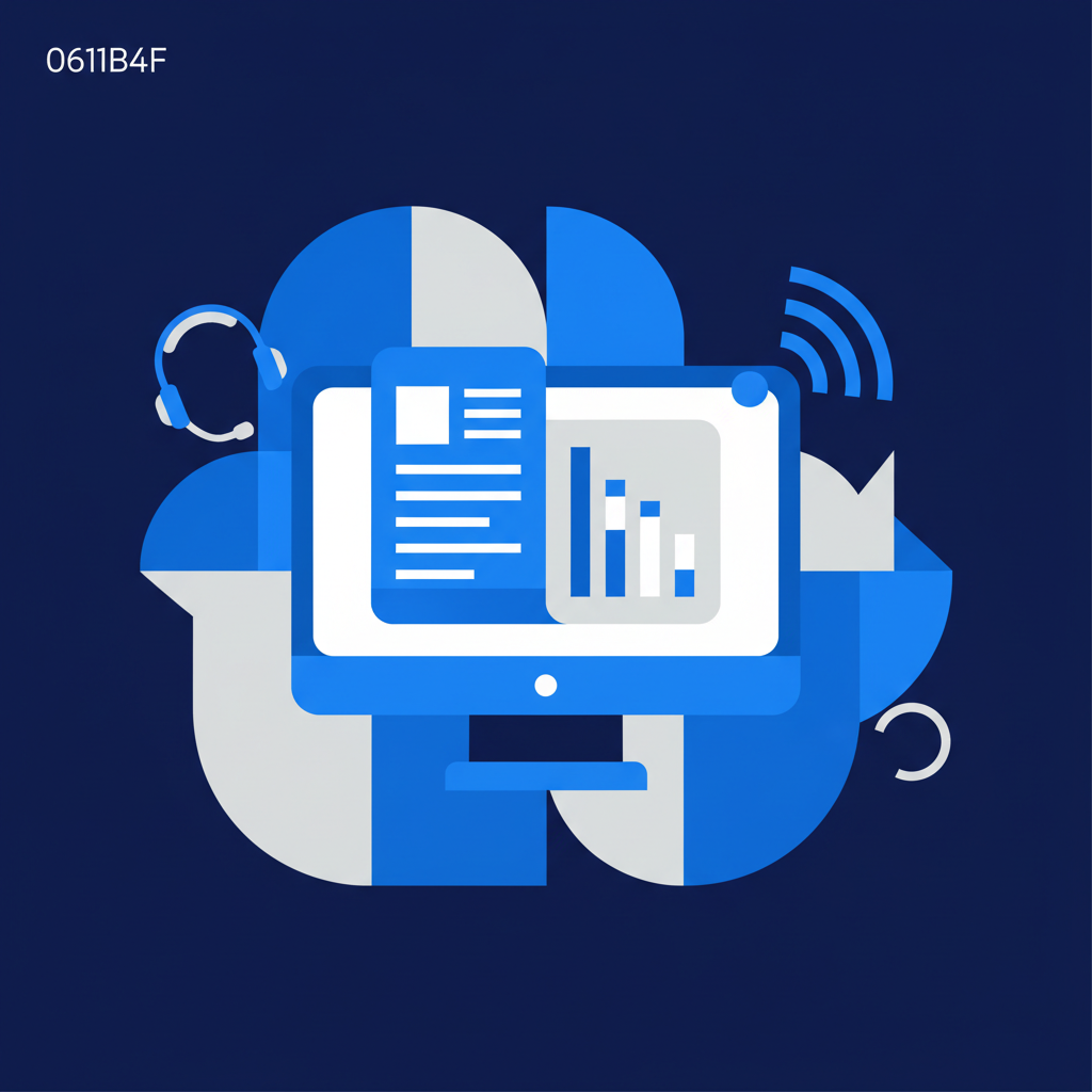 Um currículo digital estilizado em uma tela de computador, com ícones que remetem a trabalho remoto, como um ícone de conexão Wi-Fi e um fone de ouvido, sobre um fundo abstrato e suave.