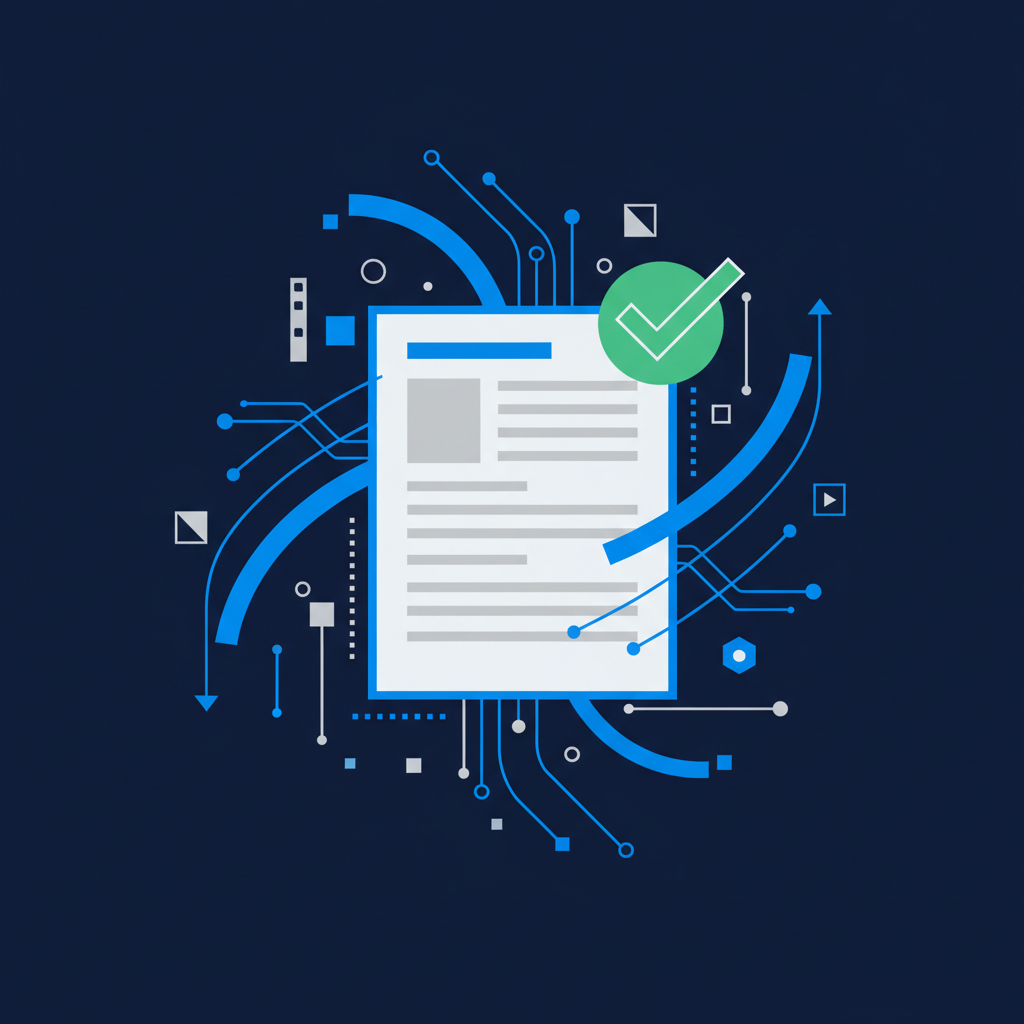 Um currículo com um ícone de "check" verde, indicando que foi aprovado por um sistema de triagem automática (ATS). Ao fundo, ícones abstratos de tecnologia e processos digitais.