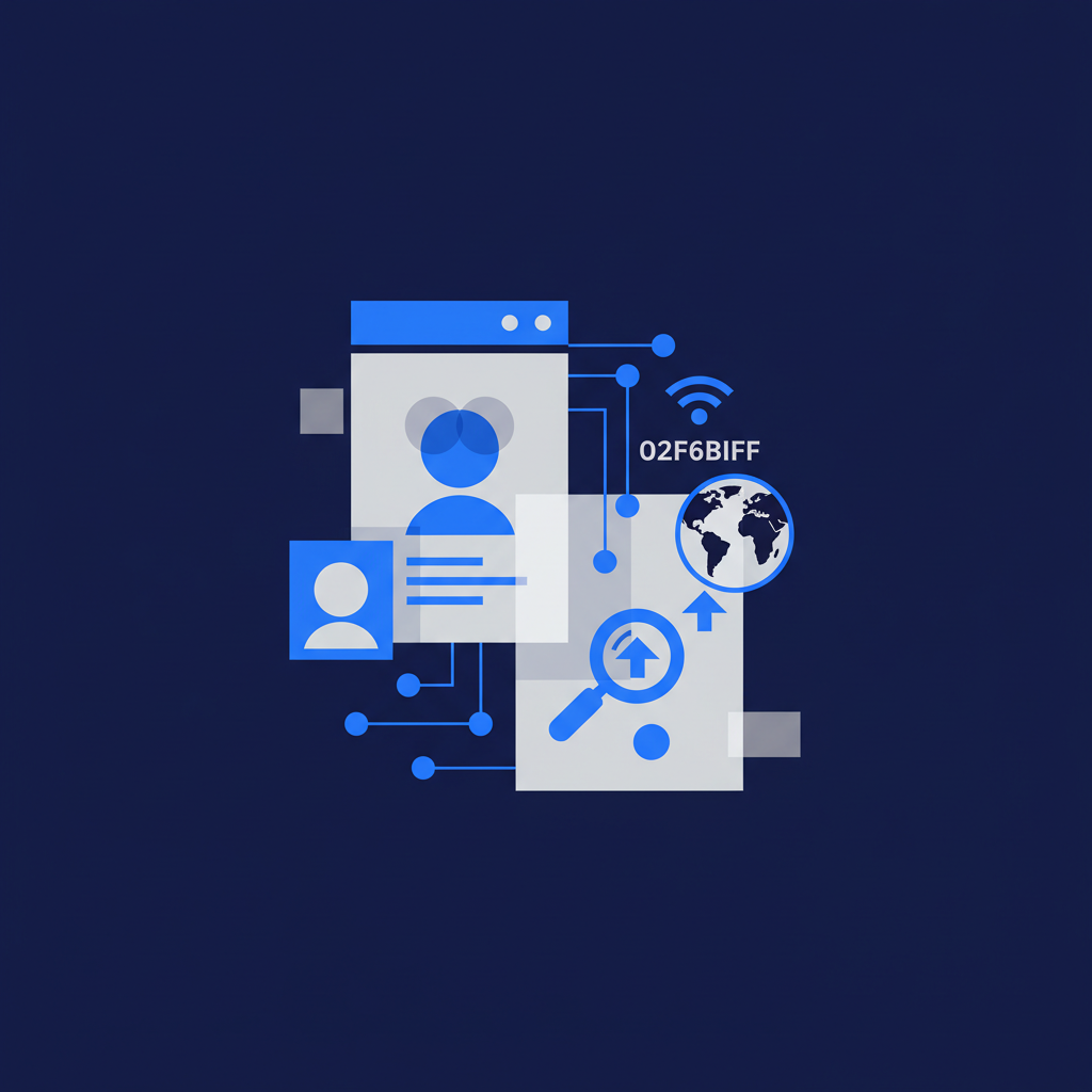 Uma representação visual de um perfil profissional digital com ícones de conexão e busca de emprego, com um toque de elementos remotos como um ícone de Wi-Fi e um globo.