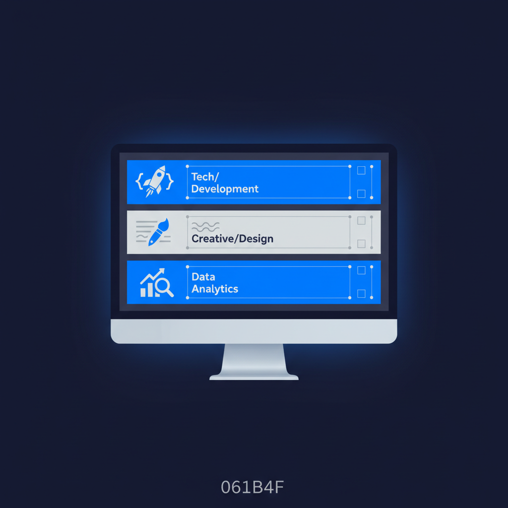 Ilustração de uma tela de computador exibindo um portfólio digital, com ícones representando diferentes tipos de projetos e informações organizadas.