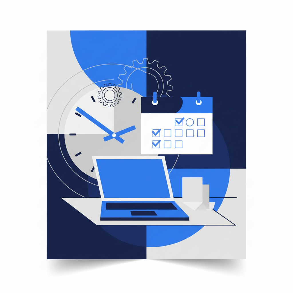 Um relógio ao lado de um calendário com algumas datas marcadas, sobre uma mesa com um notebook aberto e alguns papéis. A cena sugere organização e gerenciamento de tempo.