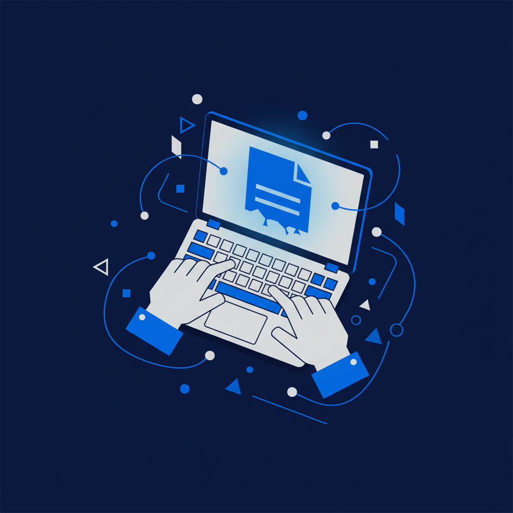 Uma pessoa usando um computador com um documento de currículo aberto, olhando para a tela com expressão de concentração. O ambiente é moderno e organizado, transmitindo a ideia de foco na carreira.