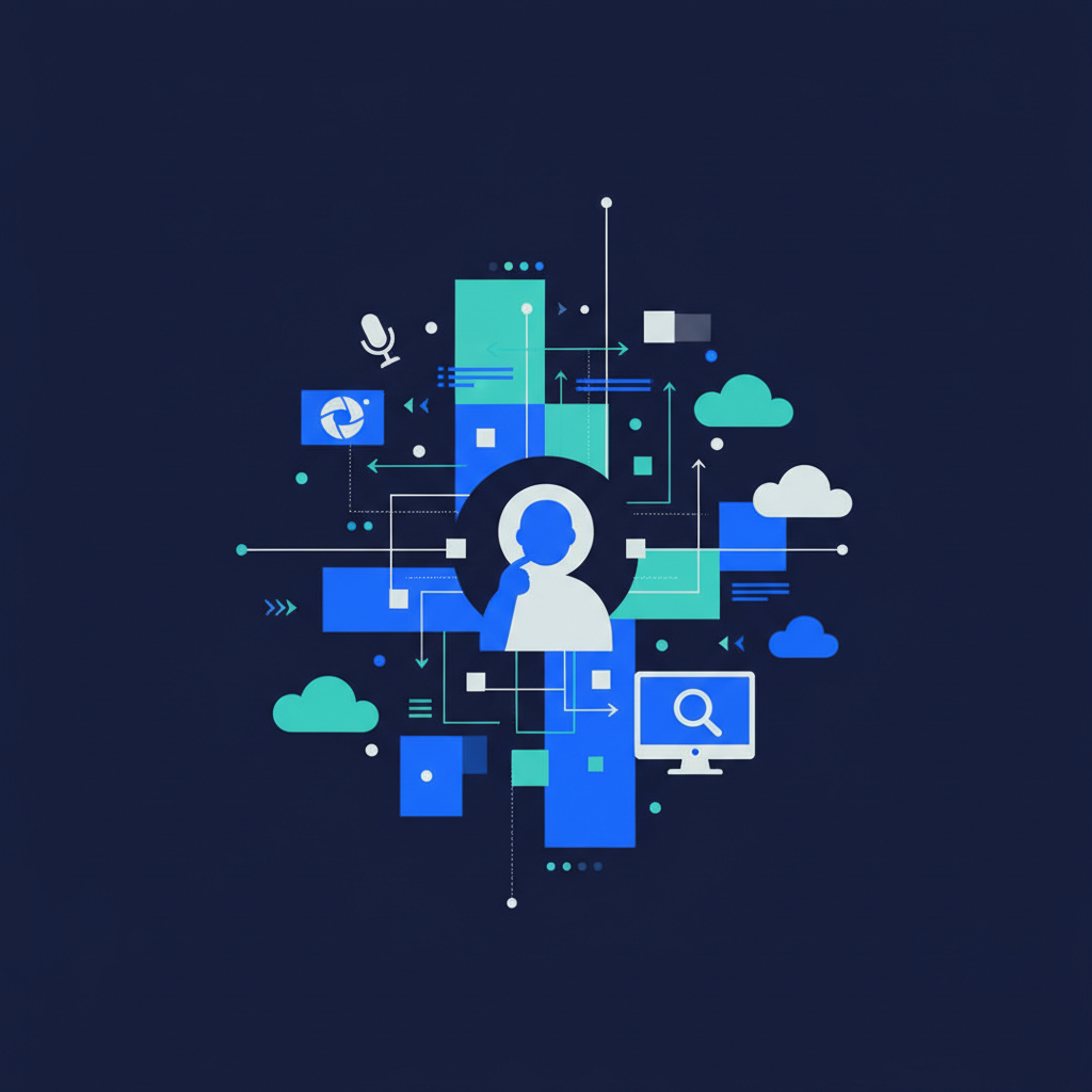 Ilustração abstrata em tons de azul e verde, com linhas e formas geométricas que sugerem um processo seletivo à distância. Um ícone estilizado de pessoa pensativa surge entre elementos que remetem a código e comunicação digital.