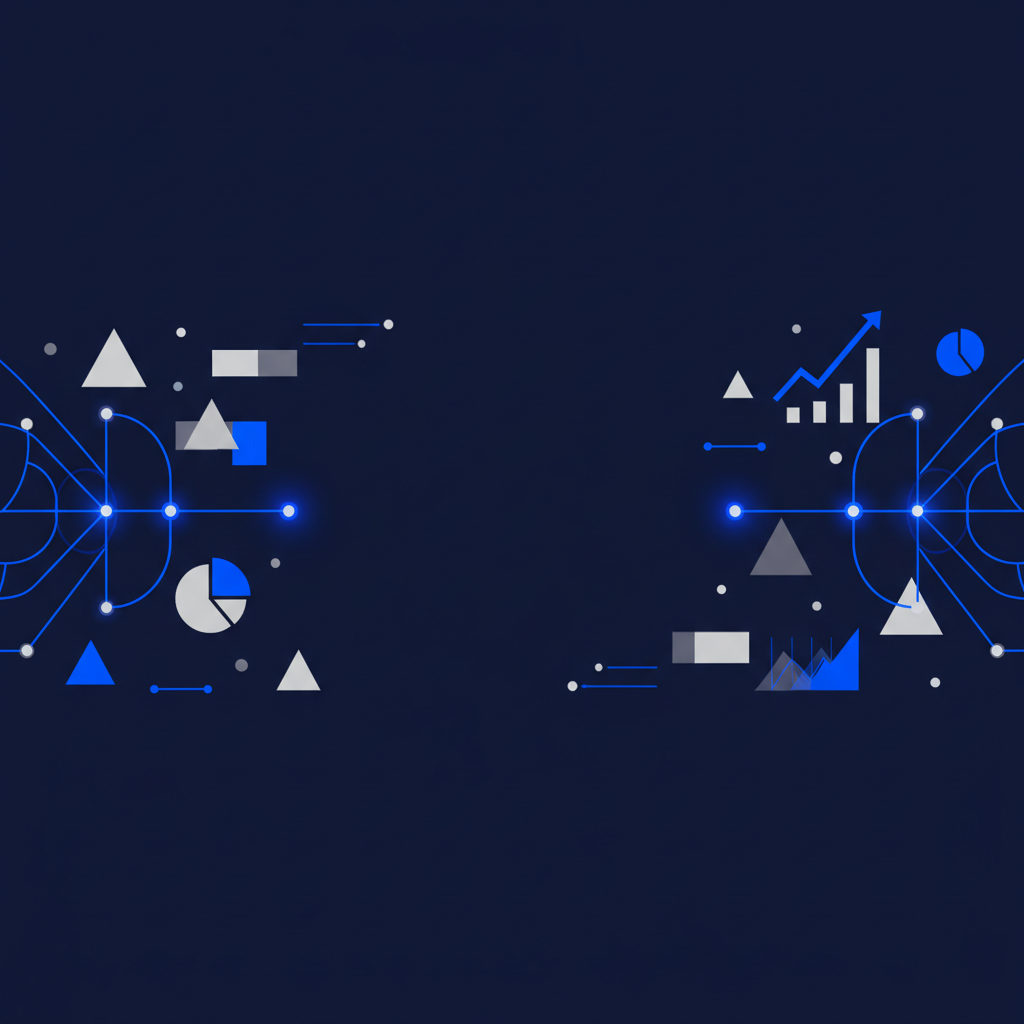 Ilustração abstrata e colorida representando dados, gráficos e conexões digitais, simbolizando o mercado de trabalho remoto e as oportunidades em marketing.