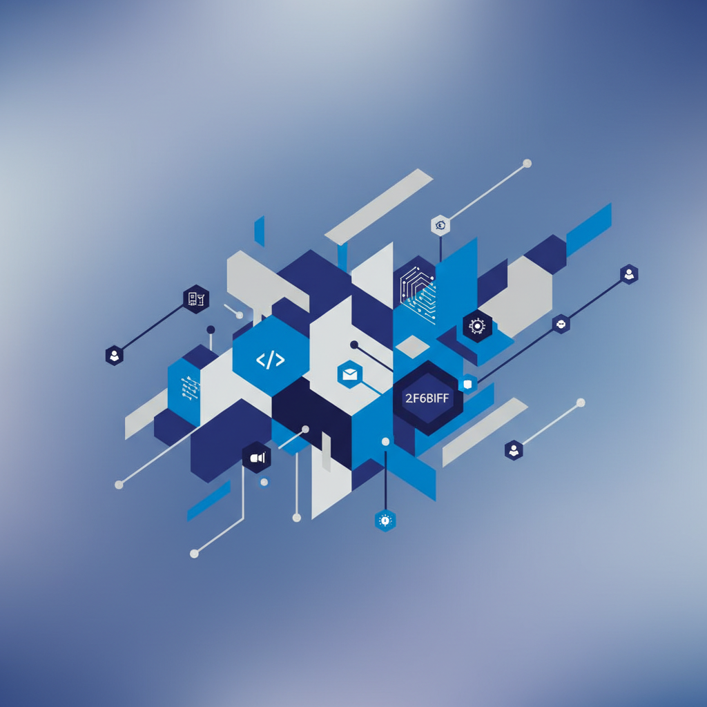 Um diagrama abstrato em tons de azul e roxo que representa a conexão de diferentes habilidades e áreas de conhecimento, com ícones discretos de tecnologia, como código e engrenagens, sobre um fundo suave e difuso.
