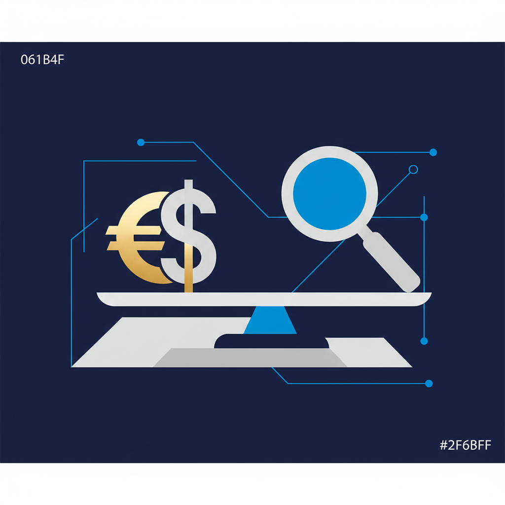 Uma balança digital equilibrando o símbolo de dinheiro e o de uma lupa, representando a busca por transparência salarial no trabalho remoto.