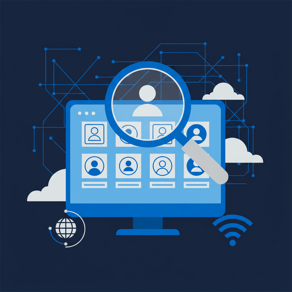 Uma lupa sobre uma tela de computador exibindo perfis de candidatos, com elementos de nuvem e trabalho remoto ao redor.