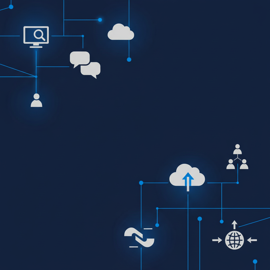 Ilustração abstrata com diferentes ícones representando plataformas de recrutamento e redes de comunicação, em tons que remetem à tecnologia e ao mundo digital.