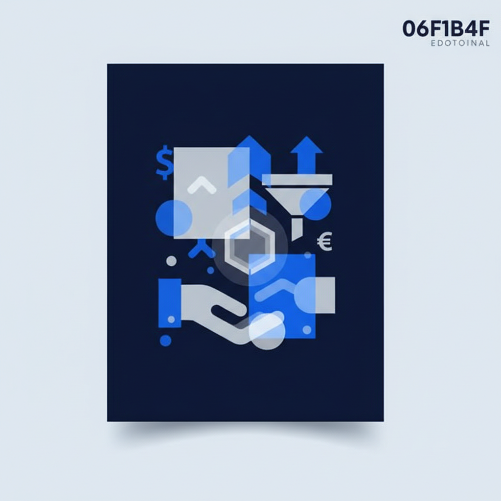 Ilustração abstrata com figuras geométricas que representam valores, comunicação e alinhamento em um funil de recrutamento.