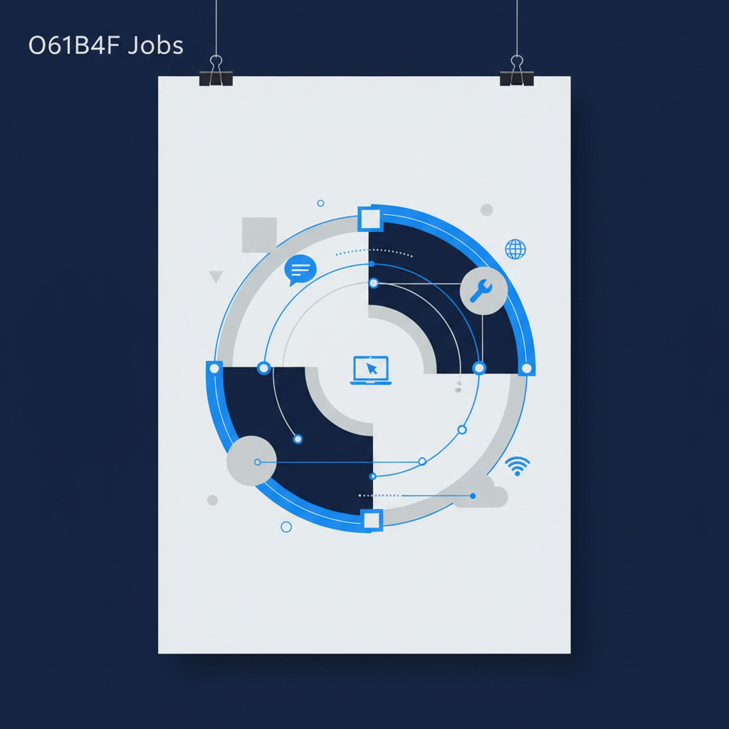 Ilustração abstrata com ícones representando comunicação, trabalho e tecnologia, sobre fundo suave e minimalista.