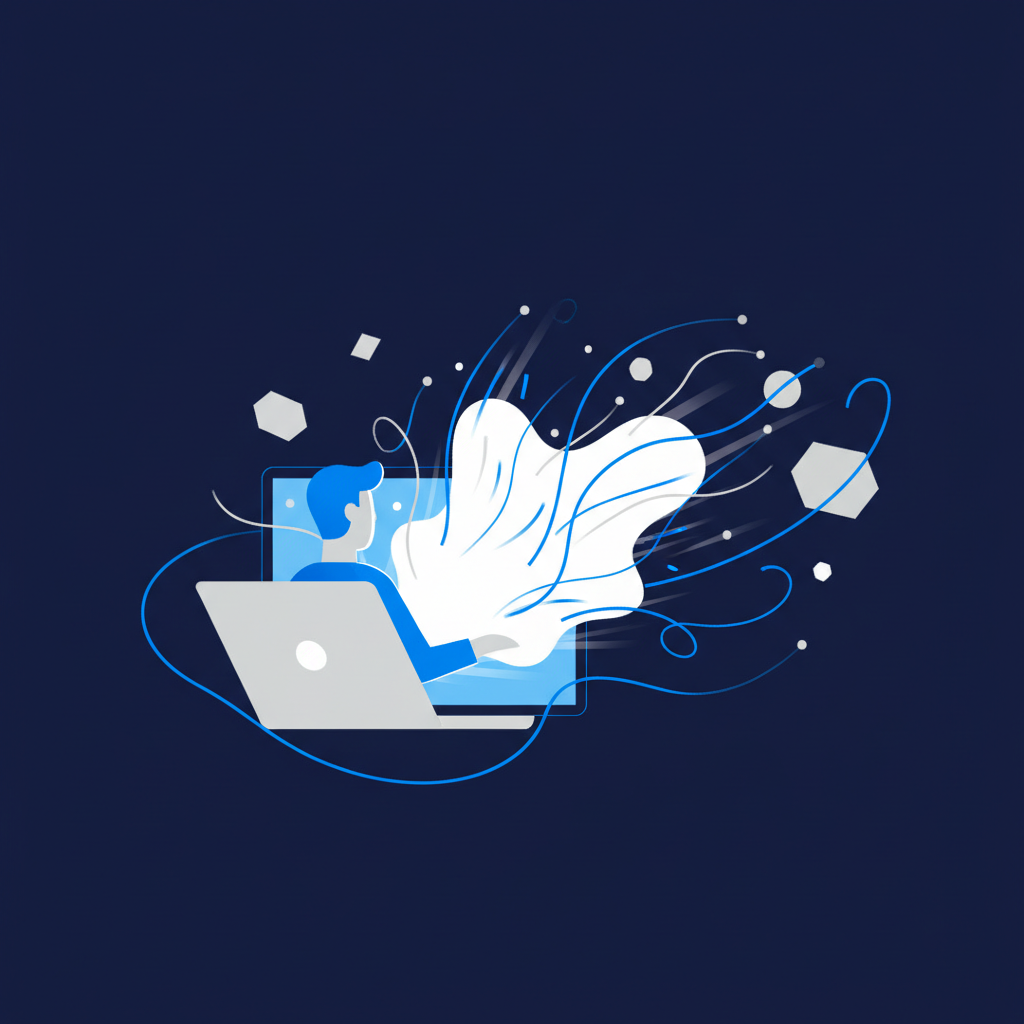 Ilustração abstrata de uma pessoa em frente a um computador, com elementos representando conexões digitais e novas oportunidades.
