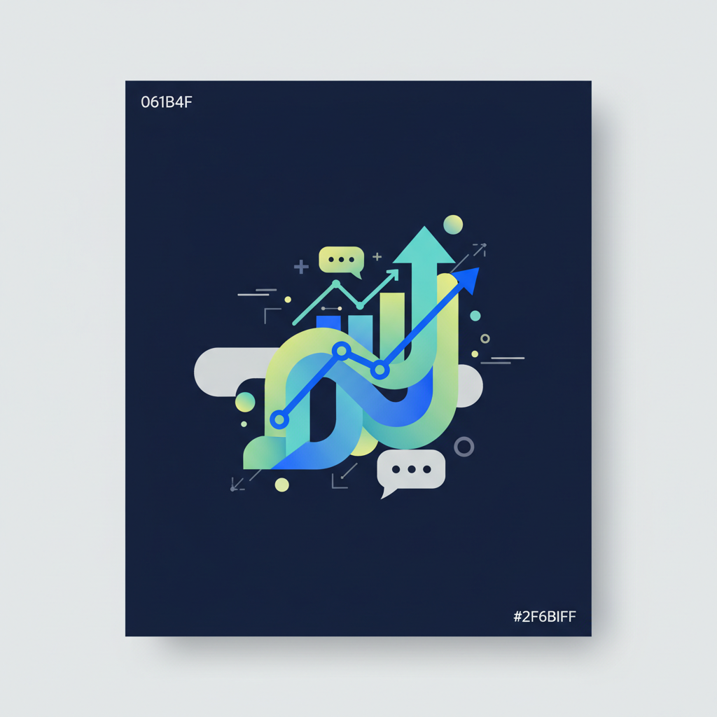 Ilustração abstrata com elementos que remetem à comunicação, interação e gráficos de crescimento em tons azuis, verdes e amarelos suaves.