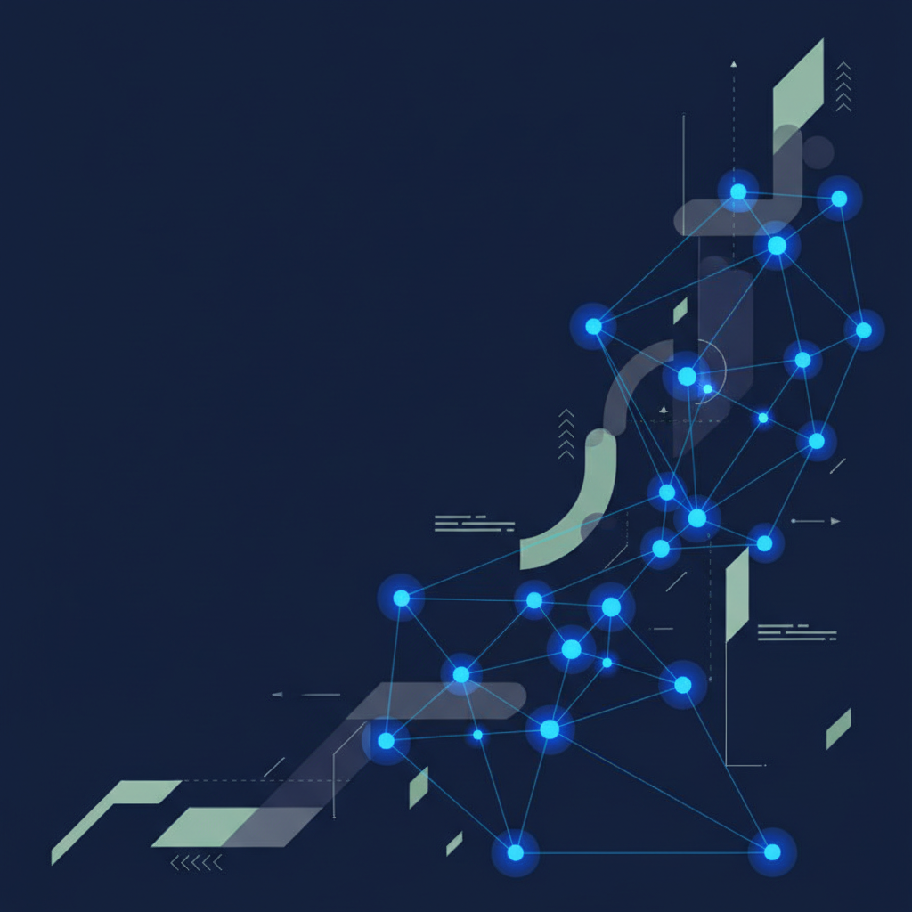 Ilustração abstrata com ícones que representam colaboração, tecnologia e flexibilidade no trabalho remoto, como nuvem, gráficos de crescimento e pessoas conectadas.