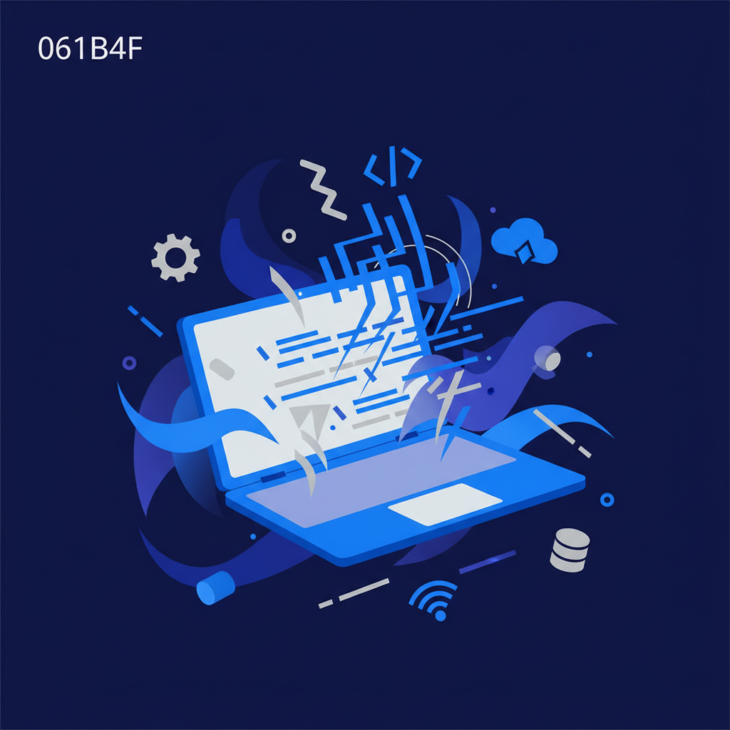 Ilustração abstrata com elementos de código, um laptop flutuando no ar e ícones que remetem a desenvolvimento web, em tons de azul e roxo.